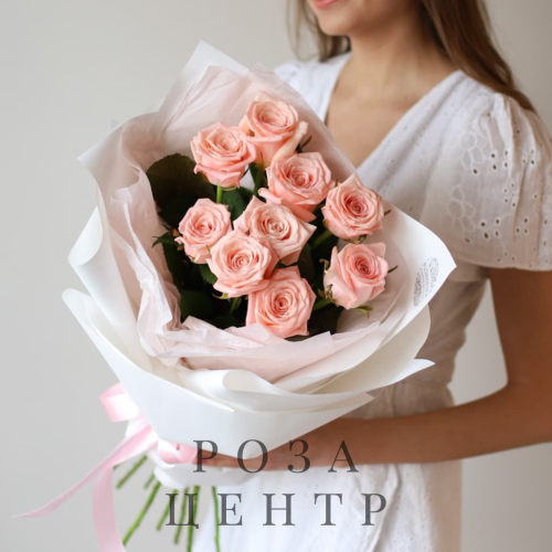 Нежно-розовые розы в нежном оформлении (9 шт) №1546 Нежно-розовые розы в нежном оформлении (9 шт) №1546