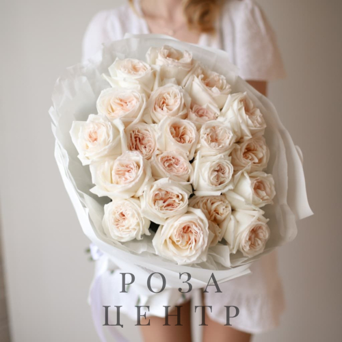 Пионовидные розы White O`hara в воздушном оформлении (21 шт) №1188 Пионовидные розы White O`hara в воздушном оформлении (21 шт) №1188