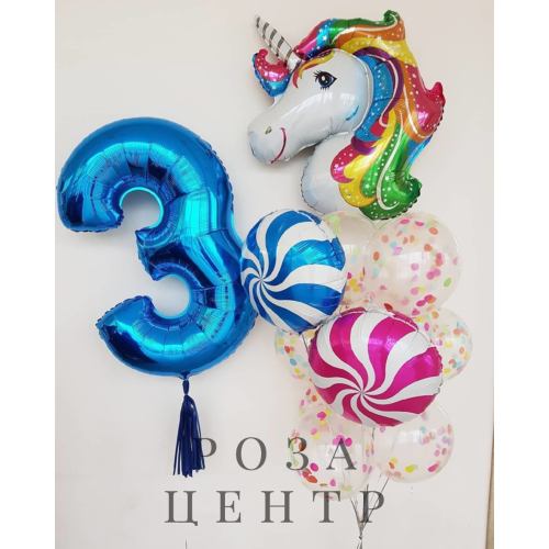Облако фольгированных и прозрачных шаров с цифрой и фигурой единорога Облако фольгированных и прозрачных шаров с цифрой и фигурой единорога